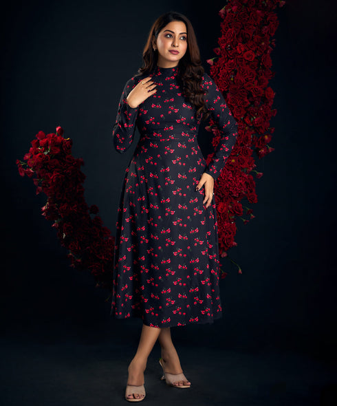 Long Sleeve Printed Midi Chiffon Dress