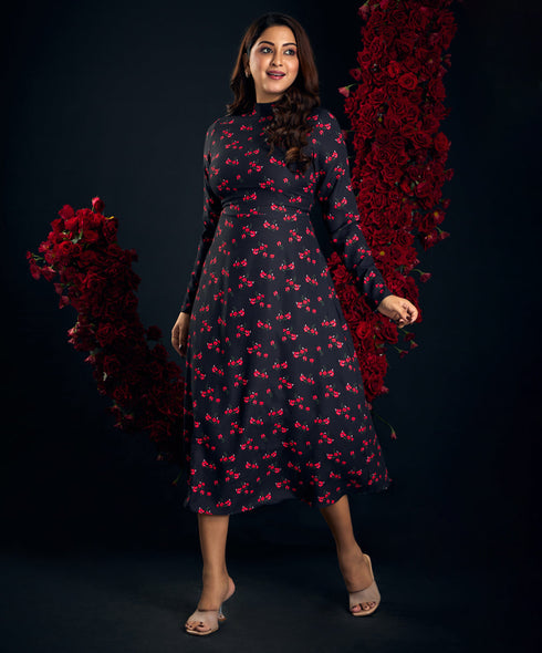 Long Sleeve Printed Midi Chiffon Dress
