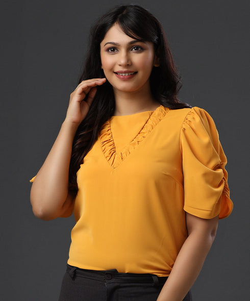 Vneck Detailed Gathered Solid Mustard Top