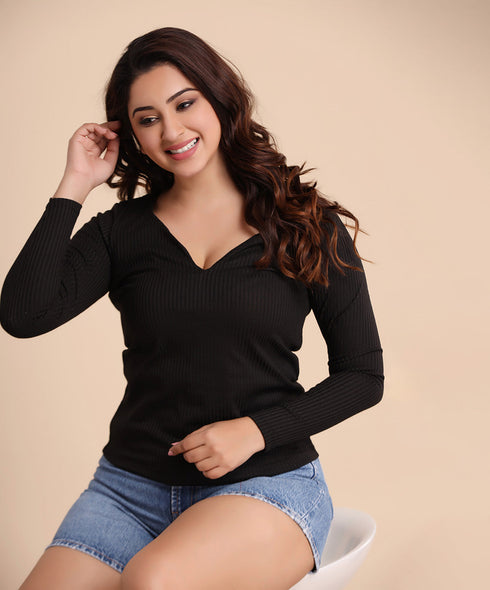 Black Sweetheart Neck Long Sleeve Rib Tshirt