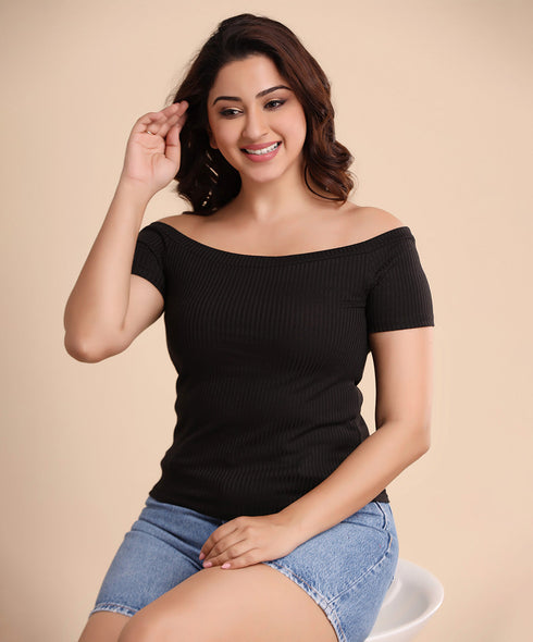 Black Off Shoulder Rib Tshirt