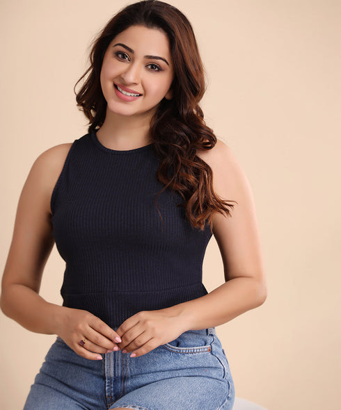 Navy Blue Rib Peplum Crop Top