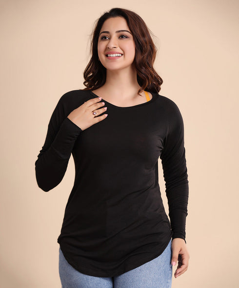 Black Long Sleeve Curved Hem Tshirt