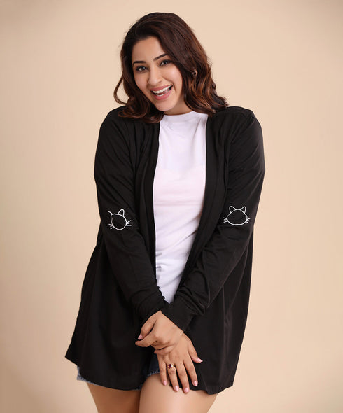 Cat Printed Long Sleeve Knit Over Coat