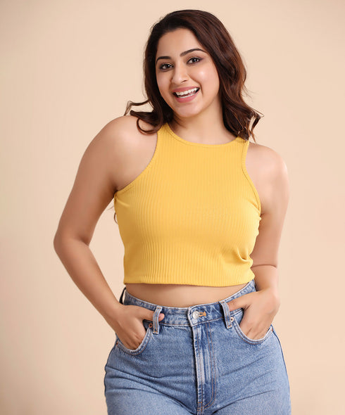 Mustard Deep Cut Arm Rib Crop Top