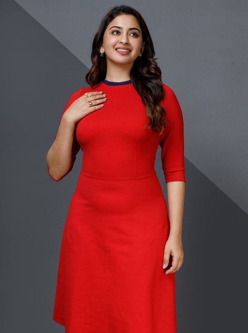 Red With Blue Contrast Skater Dress