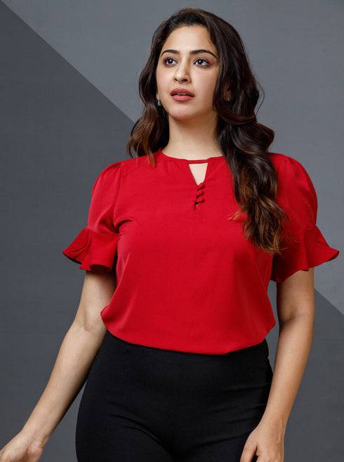 Red Front Buttoned Sleeve Frilled Top