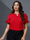 Red Front Buttoned Sleeve Frilled Top