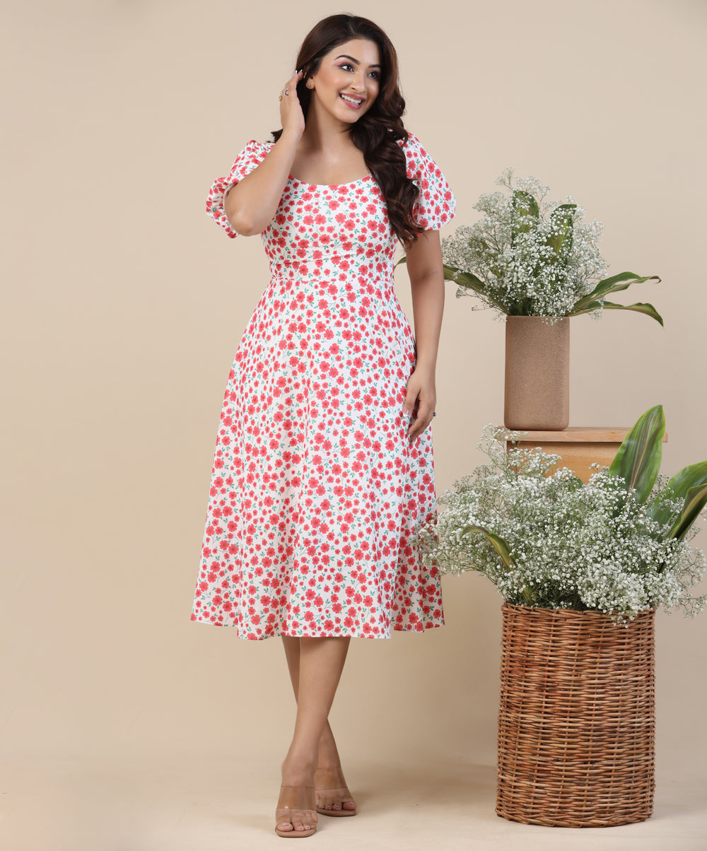 Sri Lankan Frock Design Latest 2019 Curve Neck Puffed Sleeve Midi